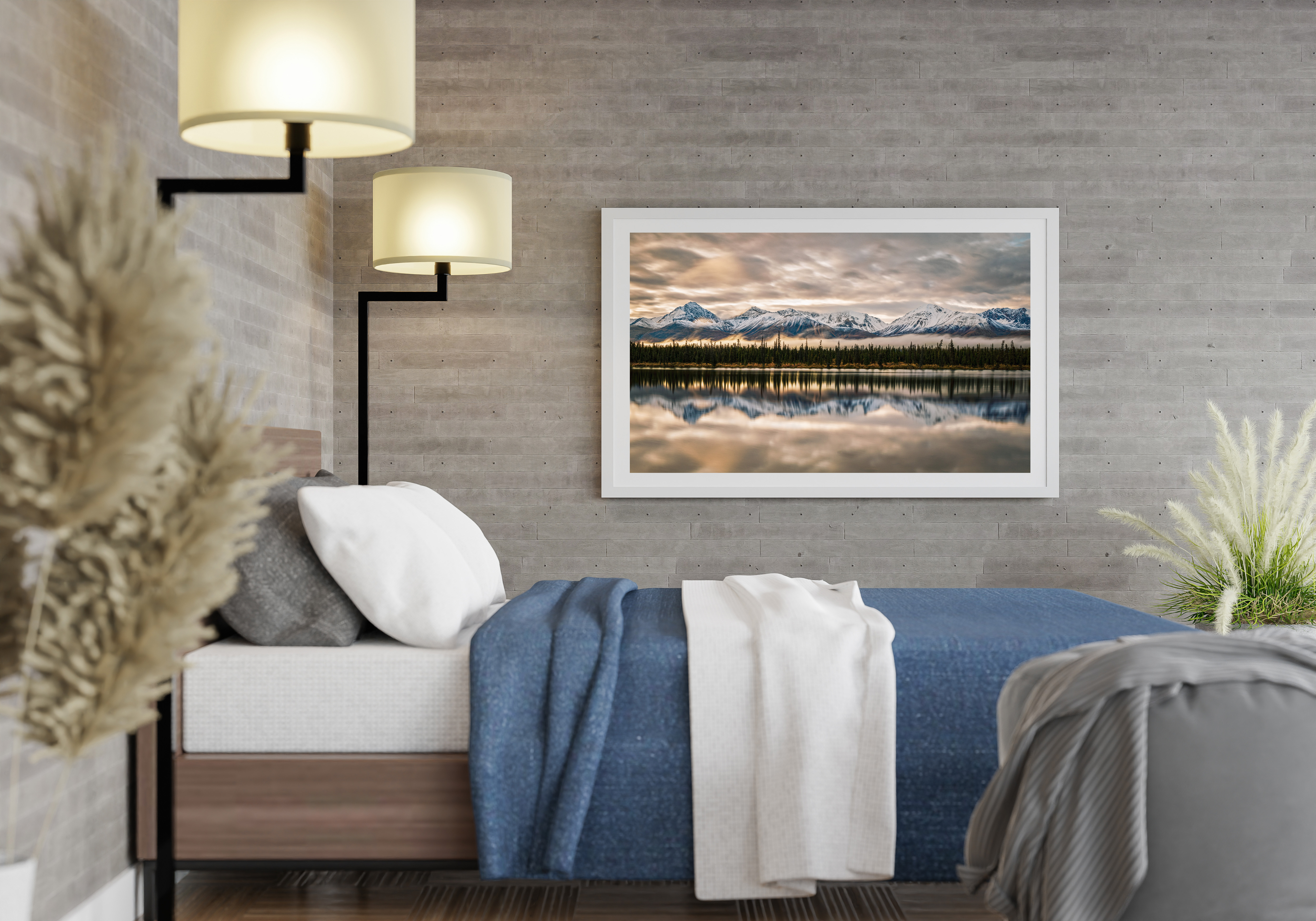 Bedroom wall art — Alaska mountain reflection above bed by Dan Sproul